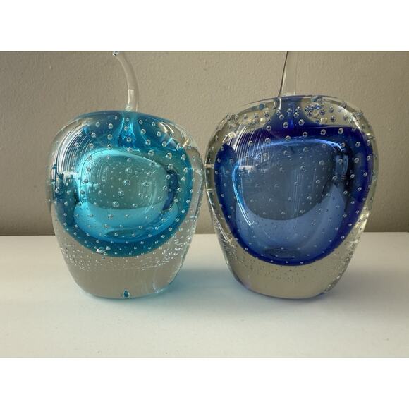 Vintage Murano Style Blue Glass Apple Paperweights Lot of 2 Heavy 6.5” - Picture 7 of 8